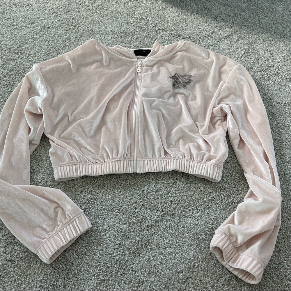 Cropped Pale Pink Velvet Zip Hoodie